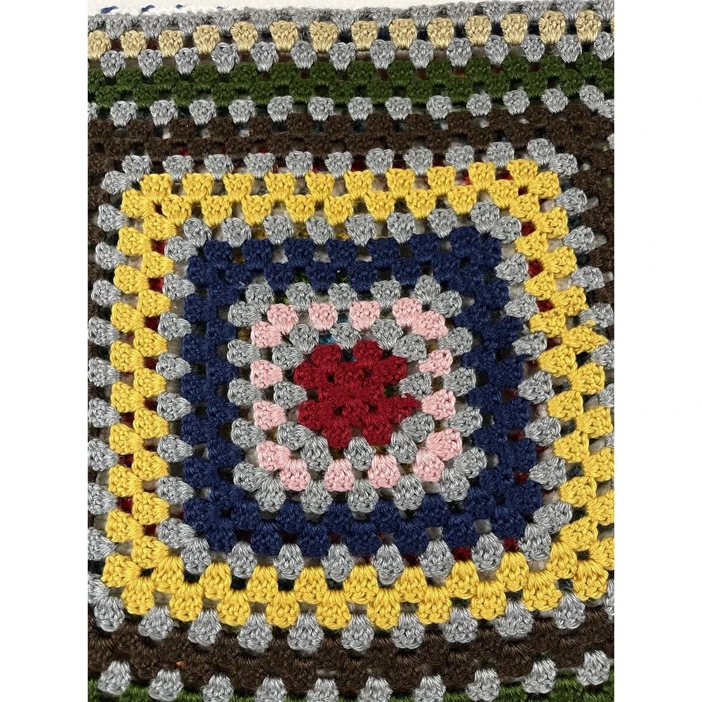 Crochet Pillow Sham Square Colorful Rainbow Handmade Cottage Boho Granny‎ Artsy